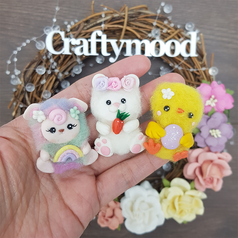 Cute fluffy Easter animal - Handmade Flatback Clay Bow Centre
