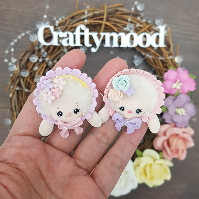 Cute fluffy sheep head - Handmade Flatback Clay Bow Centre
