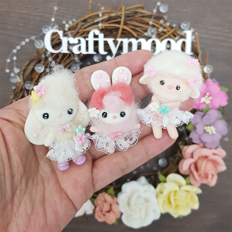 Cute fluffy bunny and sheep - Handmade Flatback Clay Bow Centre