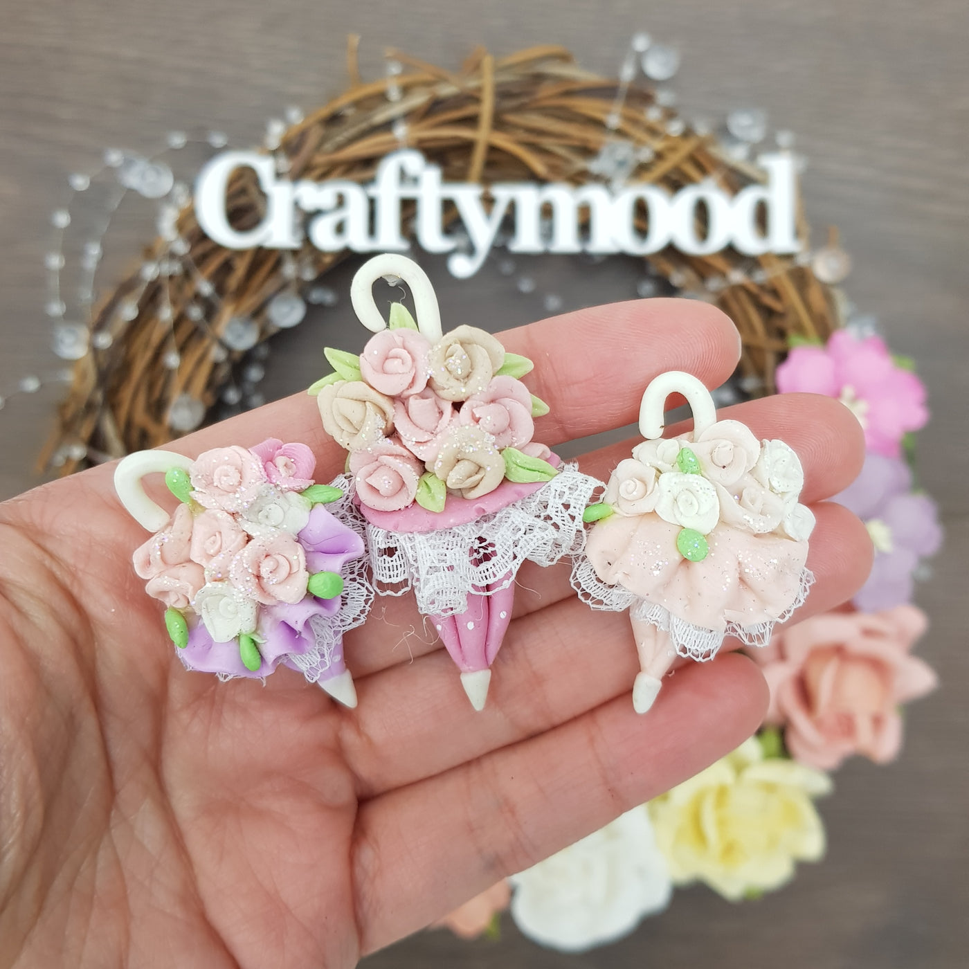 Umbrella flowers - Handmade Flatback Clay Bow Centre