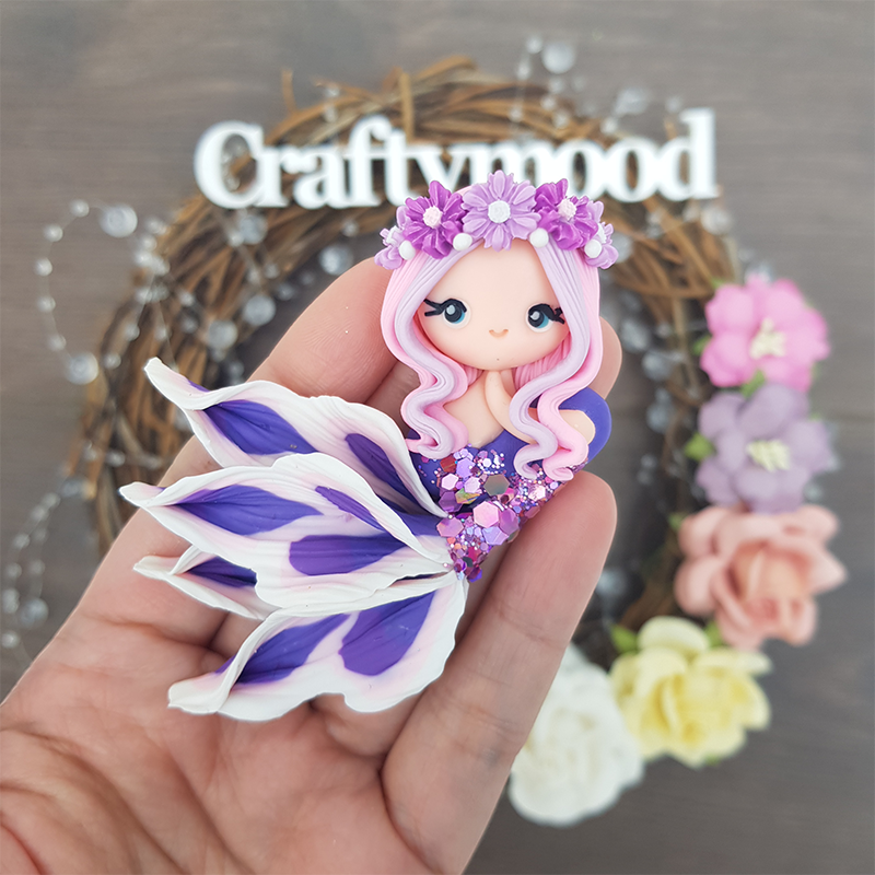 Purple flowers beautiful mermaid - Embellishment Clay Bow Centre