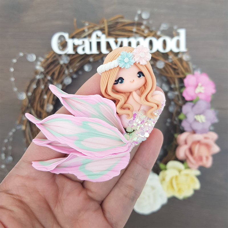 Pink mint flowers beautiful mermaid - Handmade Flatback Clay Bow Centre