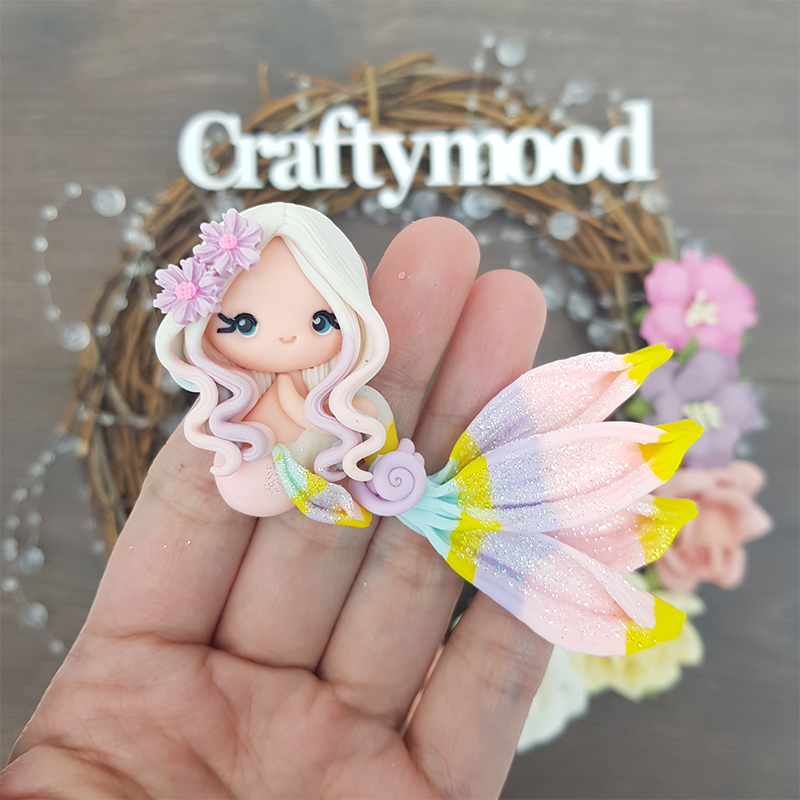 Lilac pink rainbow flowers beautiful mermaid - Embellishment Clay Bow Centre