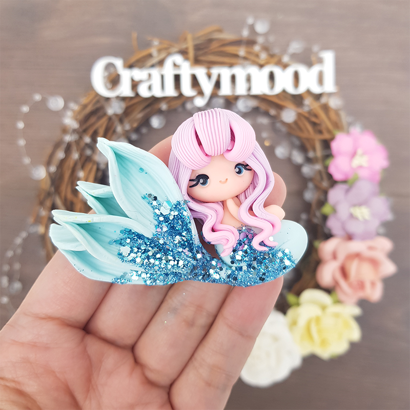 Pink blue beautiful mermaid - Handmade Flatback Clay Bow Centre