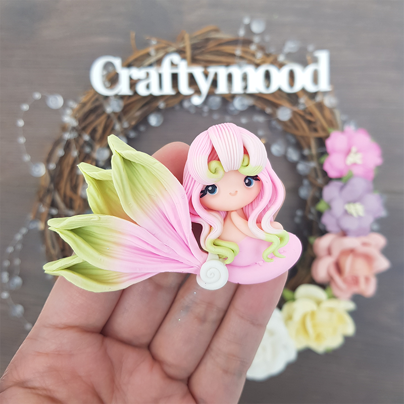 Pink green beautiful mermaid - Embellishment Clay Bow Centre