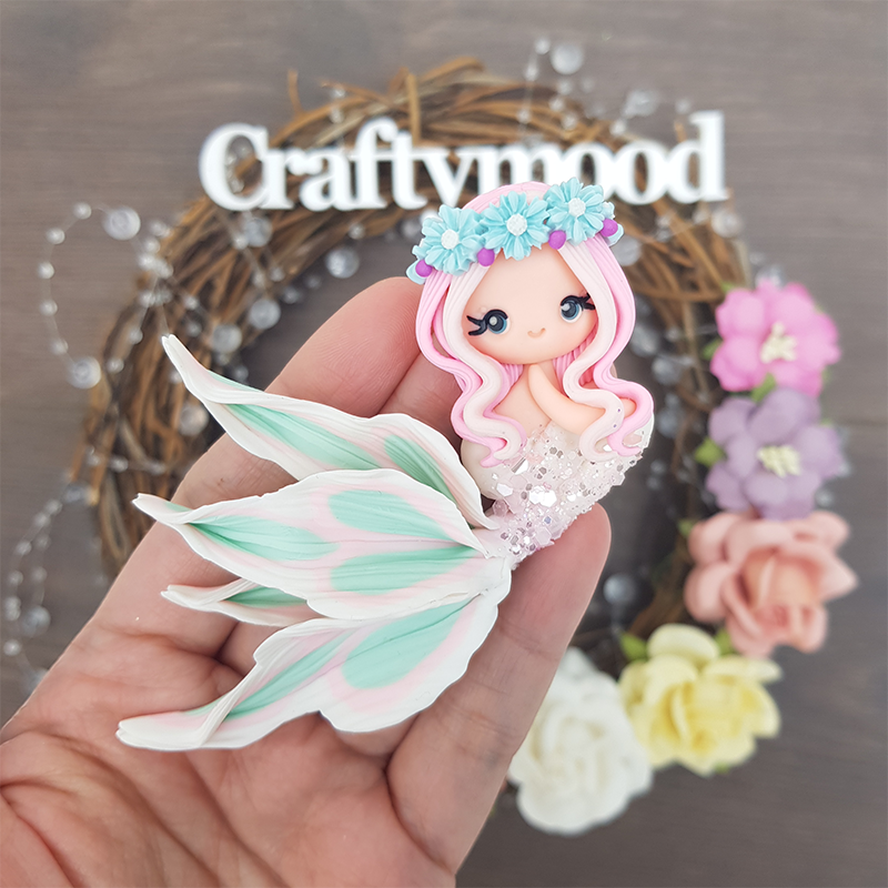 Mint flower pink beautiful mermaid - Handmade Flatback Clay Bow Centre