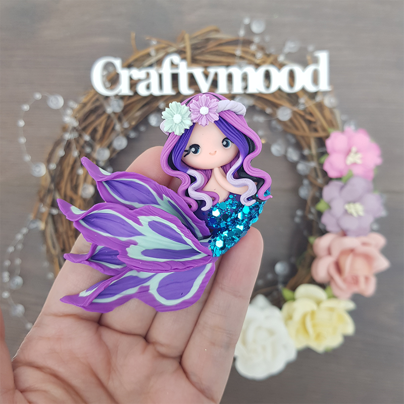 Blue purple beautiful mermaid - Embellishment Clay Bow Centre