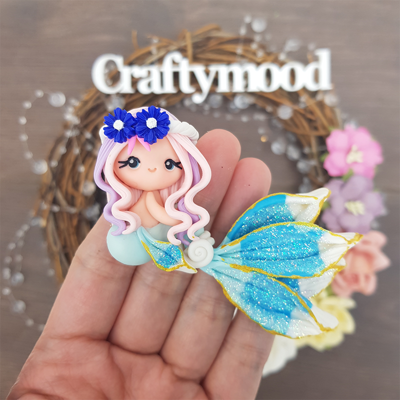 Blue flower pink lilac beautiful mermaid - Embellishment Clay Bow Centre