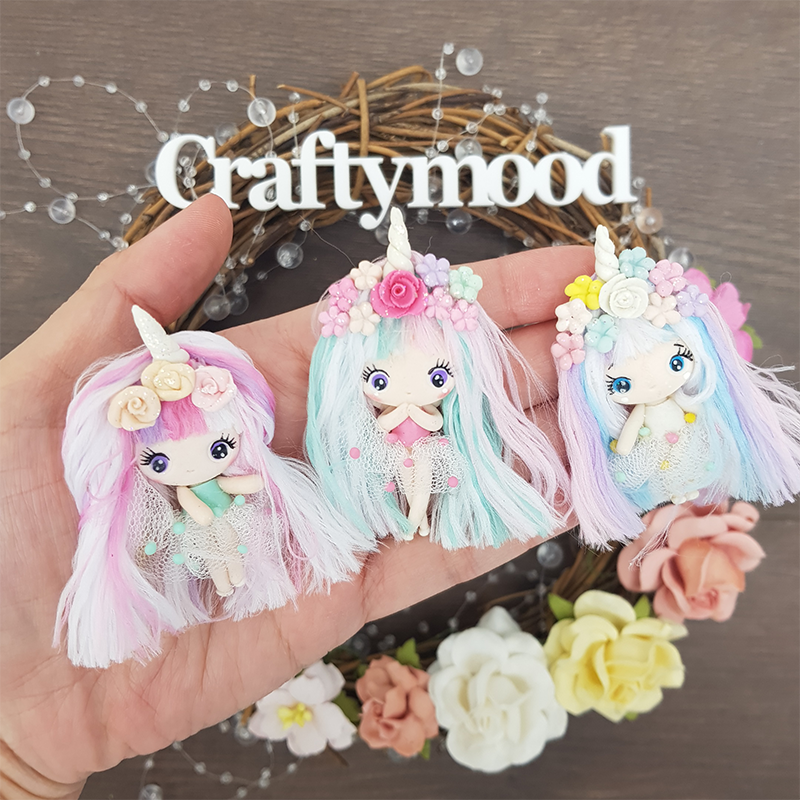 Fluffy hair unicorn girl A - Handmade Flatback Clay Bow Centre