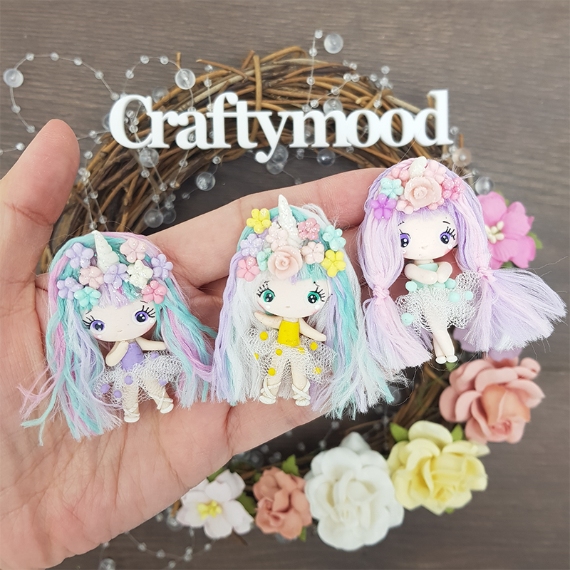 Fluffy hair unicorn girl B - Handmade Flatback Clay Bow Centre