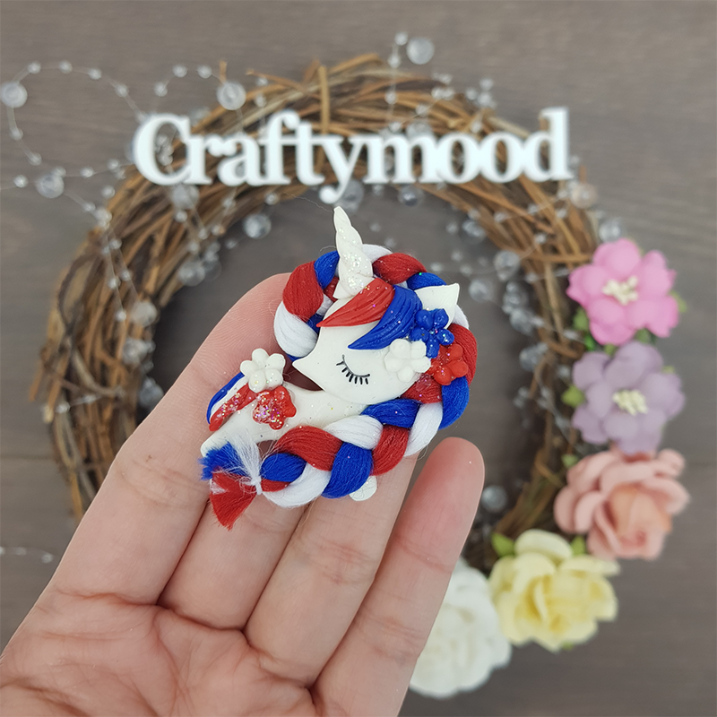 Fluffy hair red blue white unicorn - Embellishment Clay Bow Centre