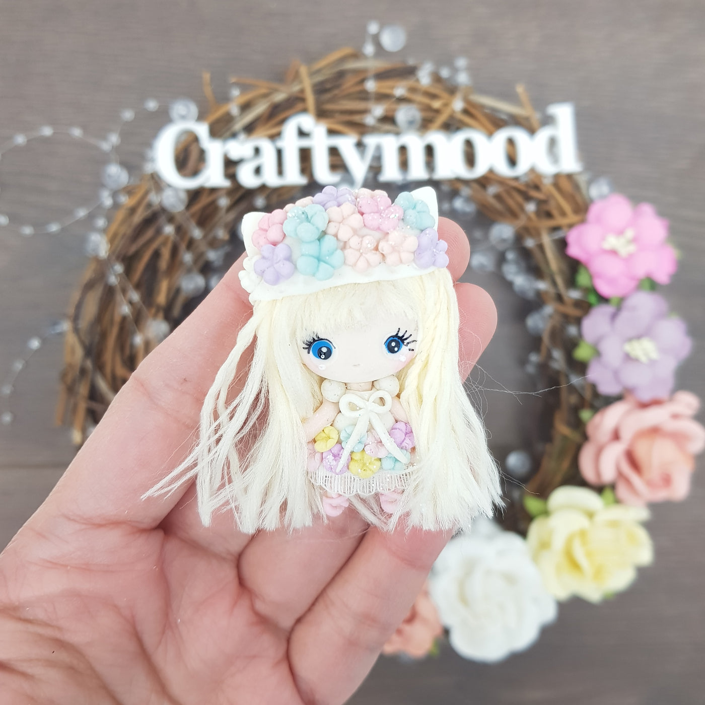 Cute fluffy hair girl- Handmade Flatback Clay Bow Centre