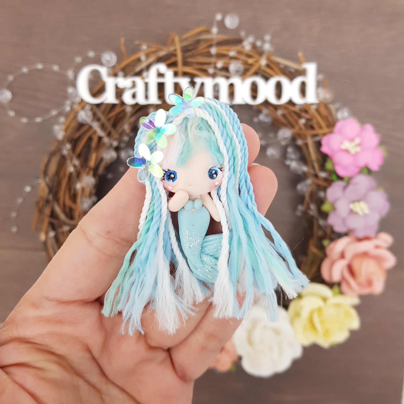 Mint fluffy hair mermaid - Handmade Flatback Clay Bow Centre