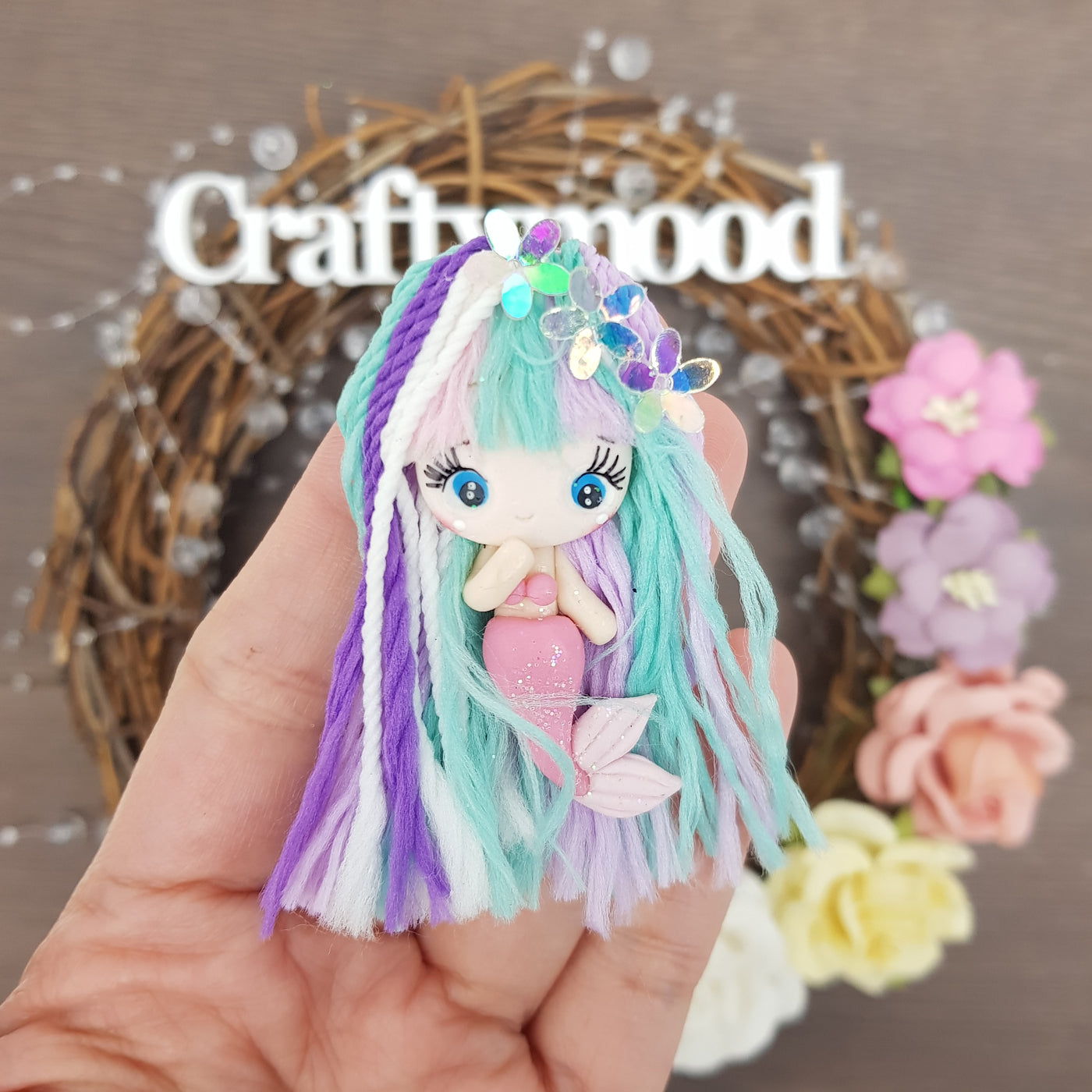 Mint purple fluffy hair mermaid - Handmade Flatback Clay Bow Centre