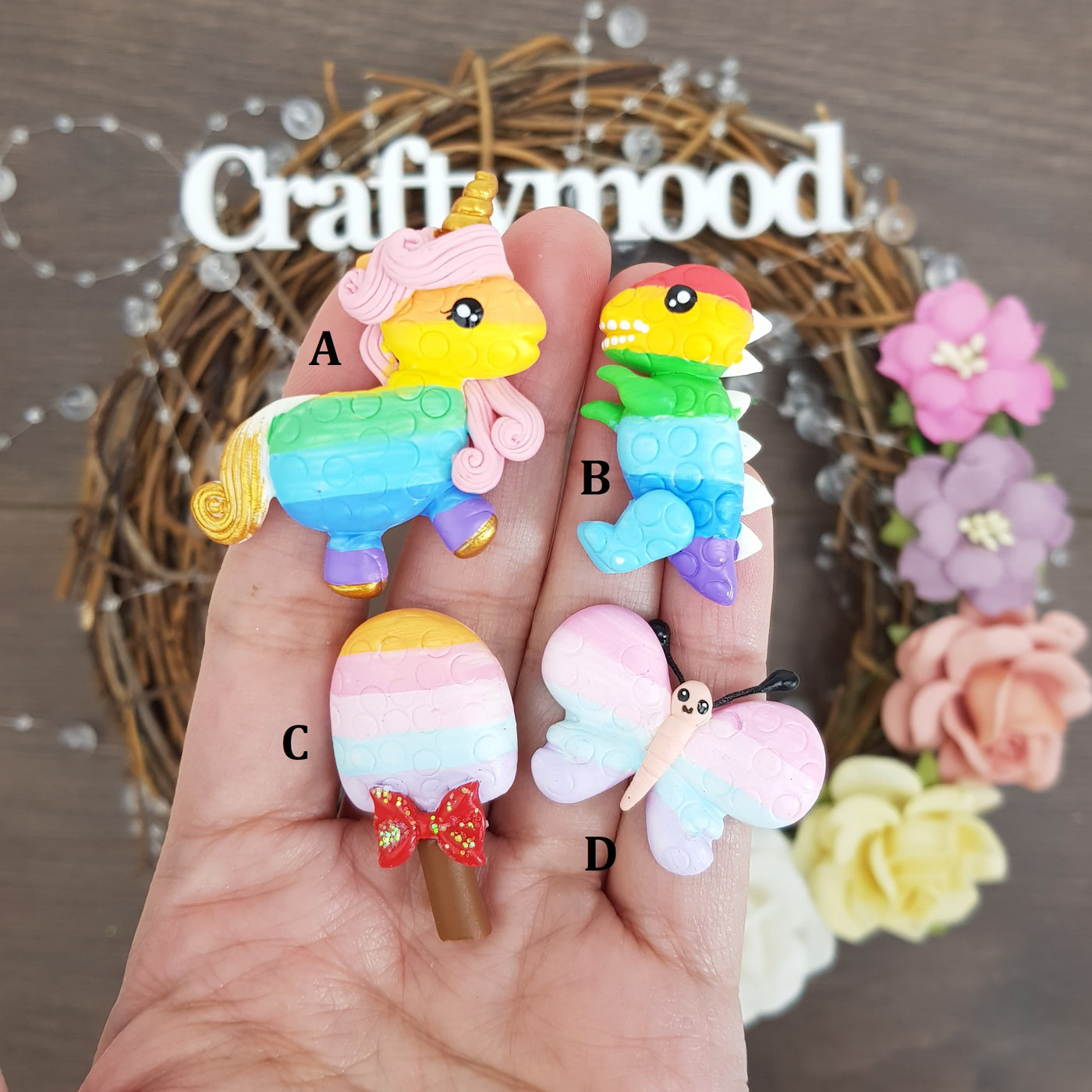 Pop it Cute dino unicorn butterfly candy - Embellishment Clay Bow Centre