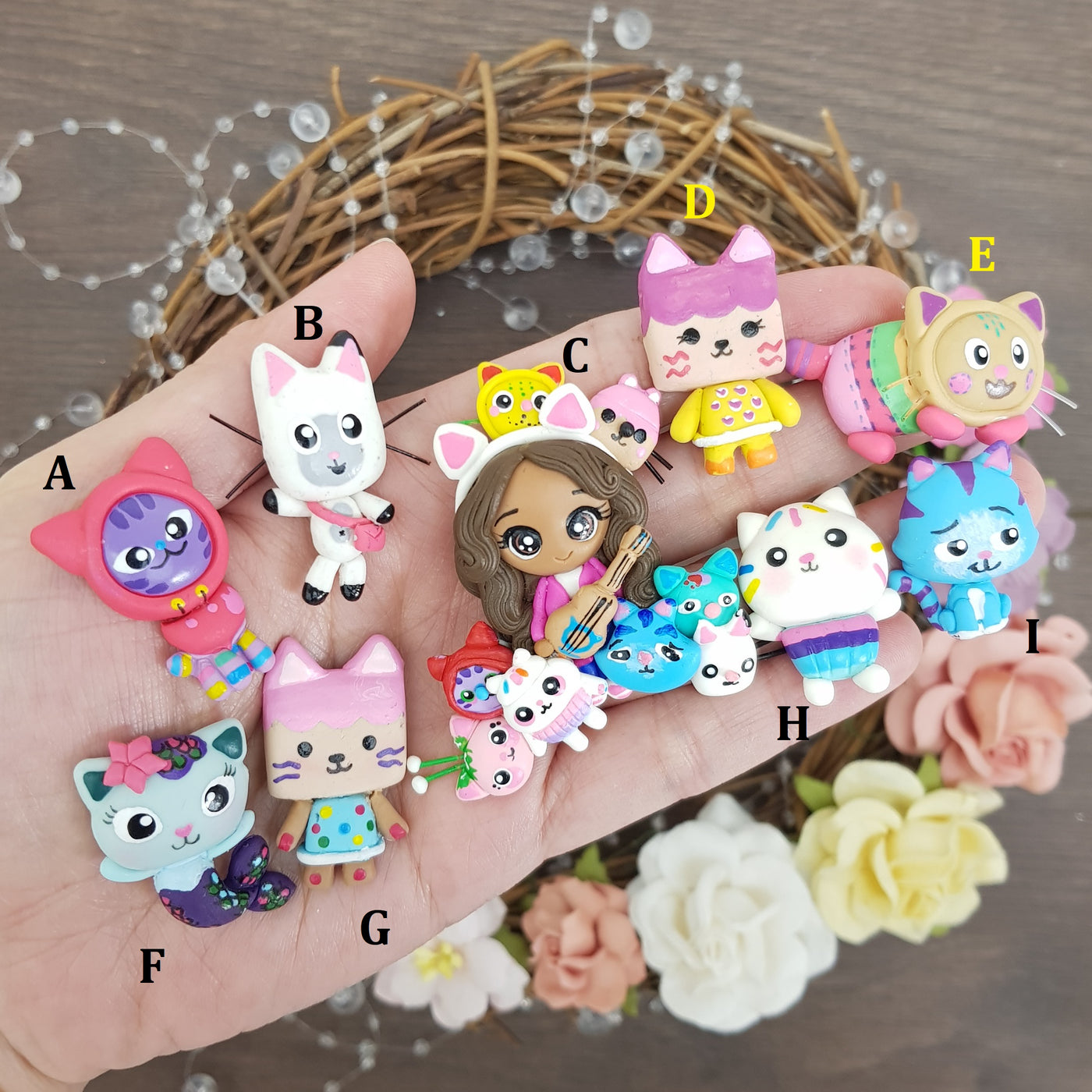 Girl and cute cats - Handmade Flatback Clay Bow Centre