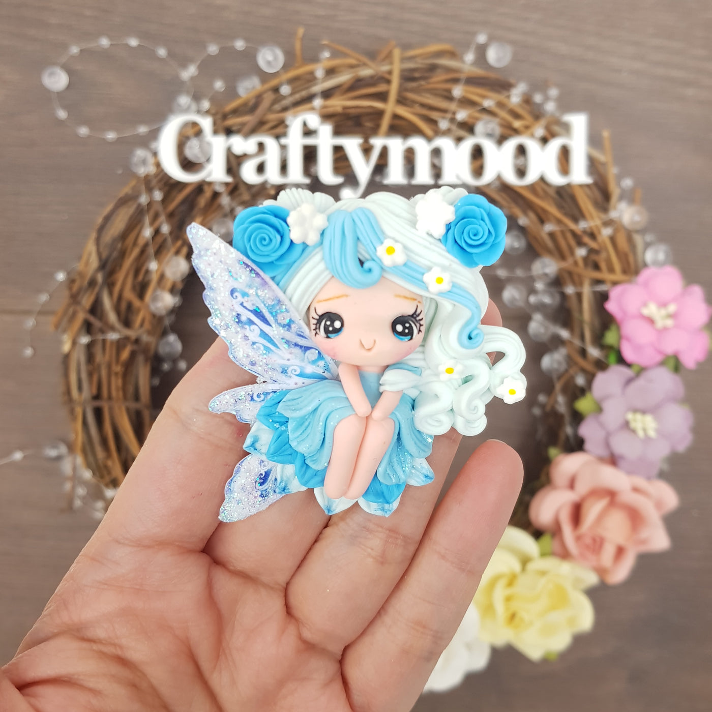 Blue rose fairy - Embellishment Clay Bow Centre