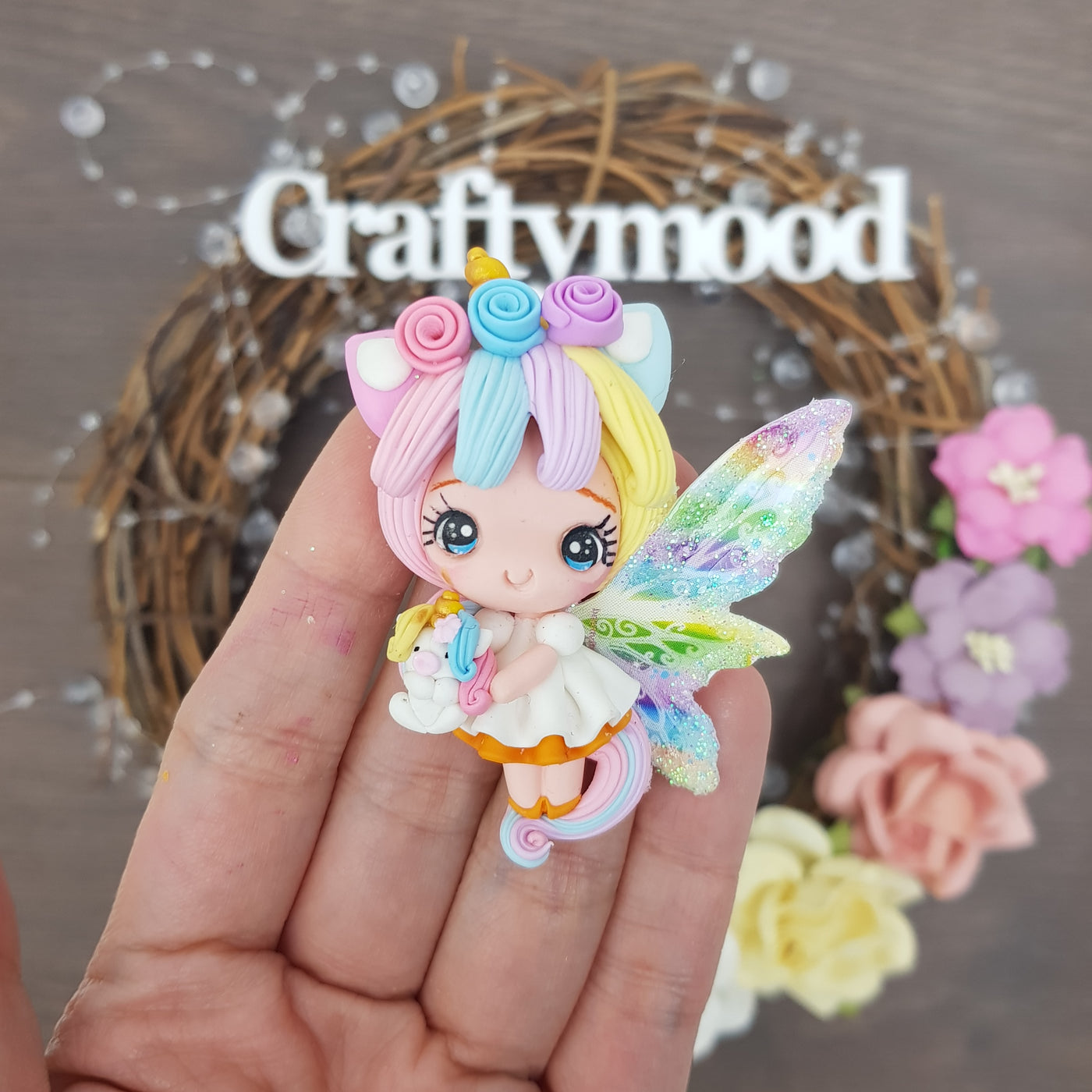 Unicorn girl fairy - Handmade Flatback Clay Bow Centre