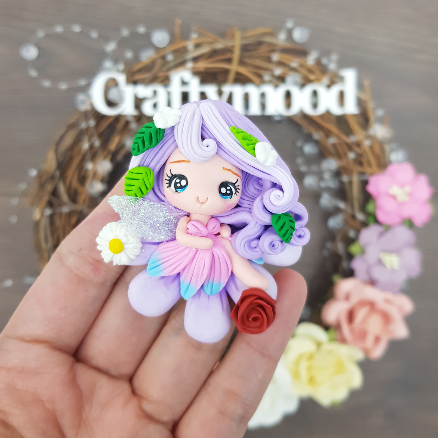 Purple flower fairy girl - Embellishment Clay Bow Centre