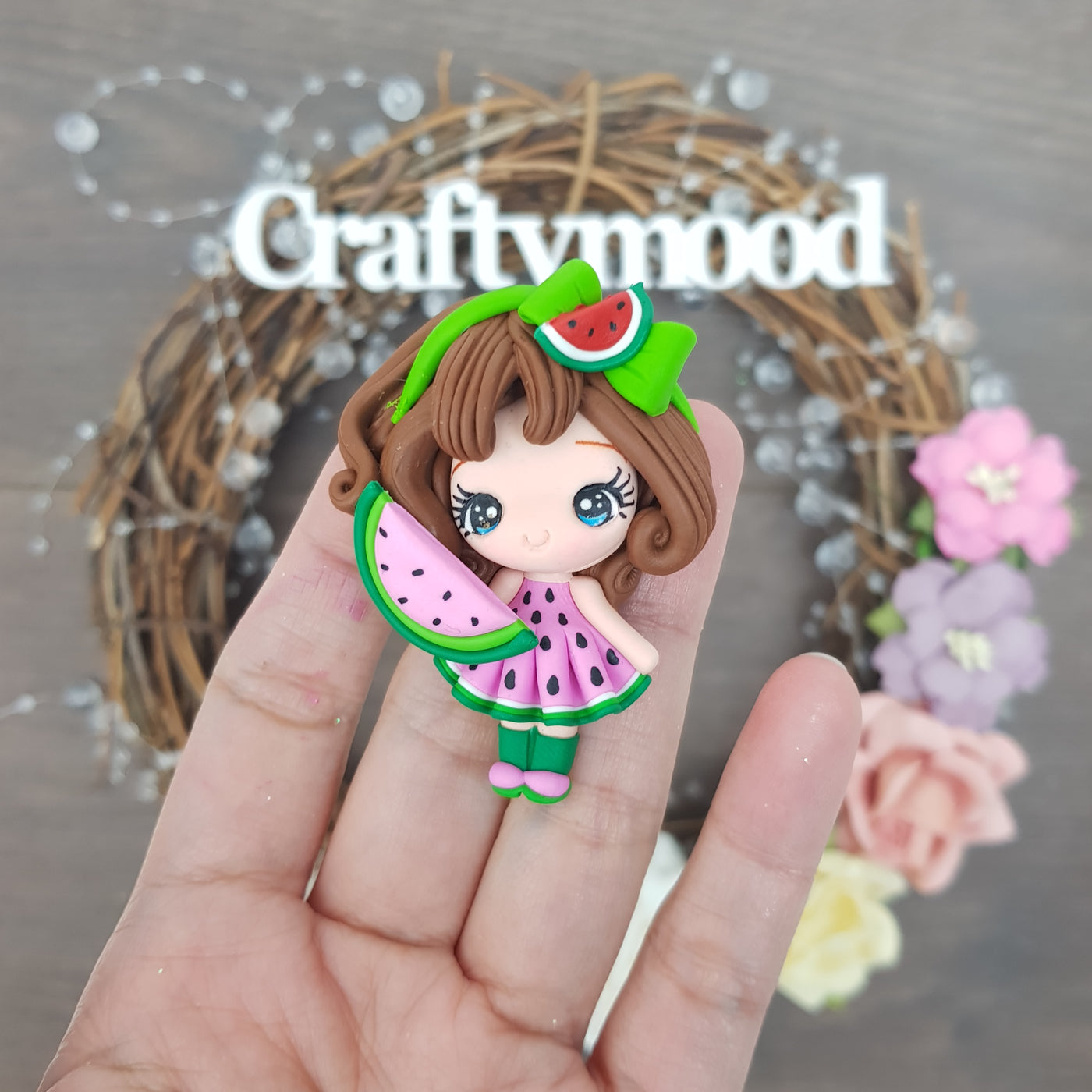 Watermelon girl - Handmade Flatback Clay Bow Centre