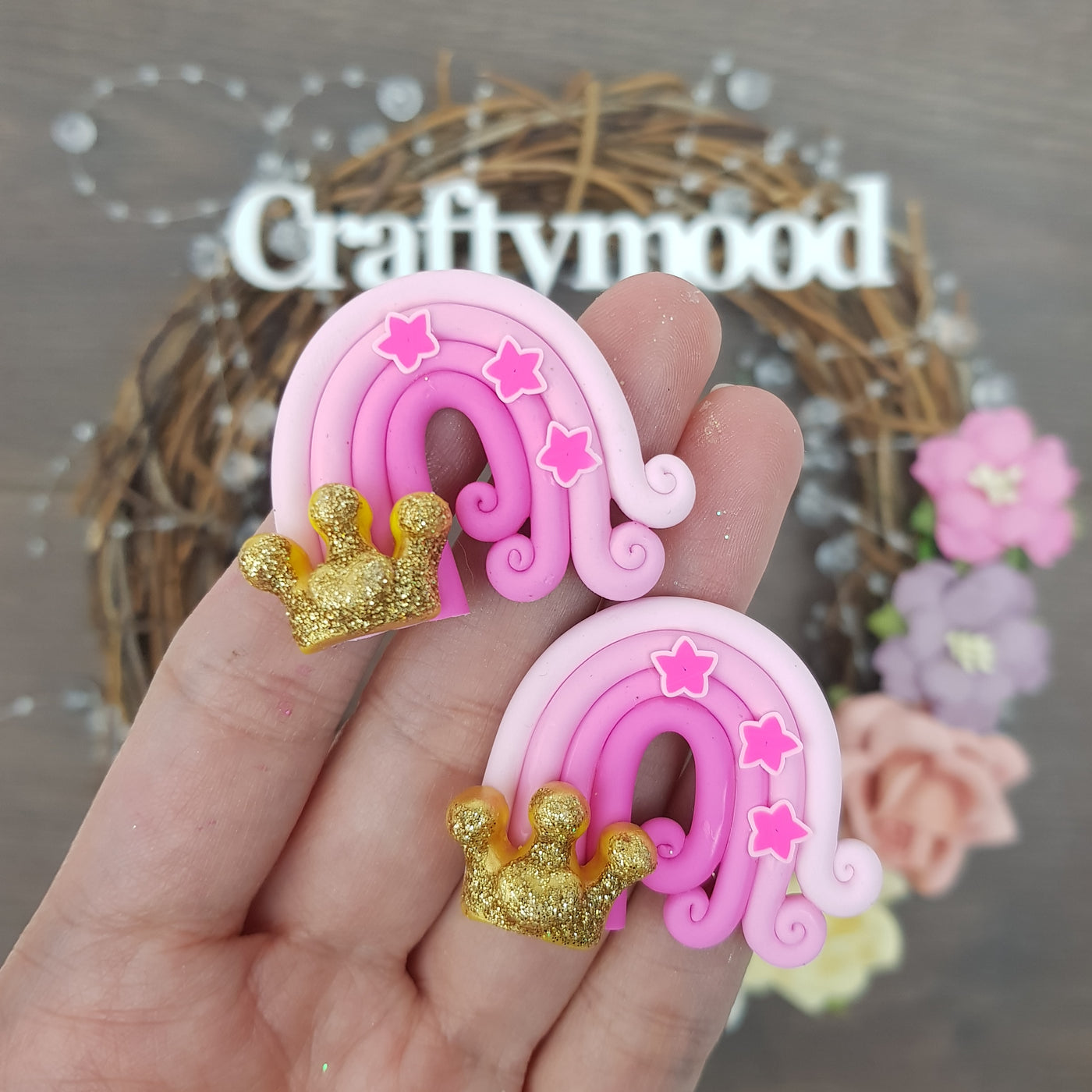 Rainbow pink crown- Handmade Flatback Clay Bow Centre