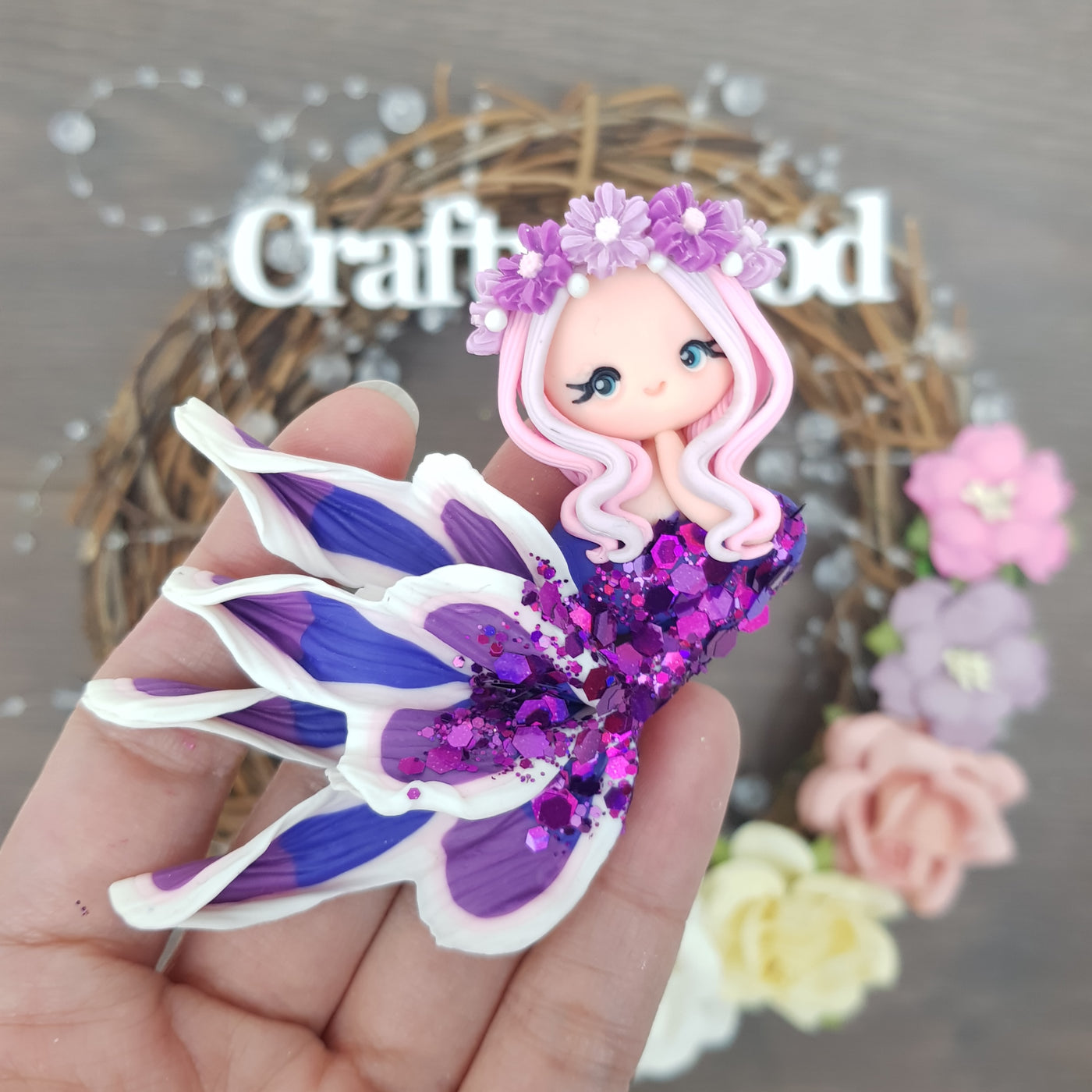 Beautiful mermaid purple white spark - Handmade Flatback Clay Bow Centre