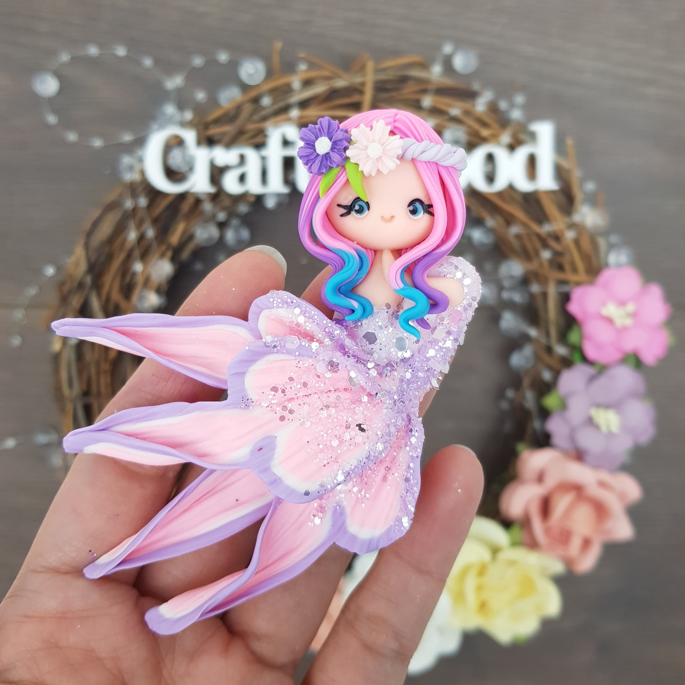 Beautiful mermaid pink blue lilac - Handmade Flatback Clay Bow Centre