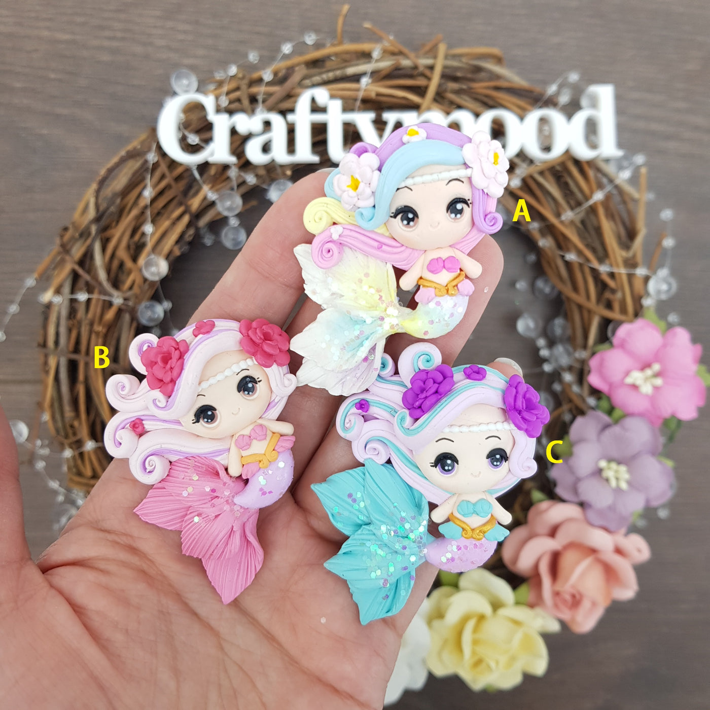 Pretty flower mermaid - Handmade Flatback Clay Bow Centre