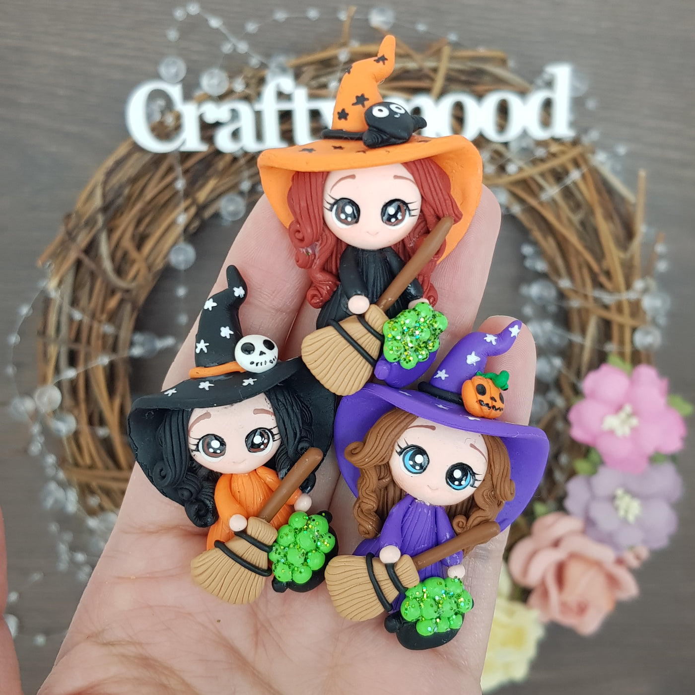 Halloween witch with broomstick - Handmade Flatback Clay Bow Centre