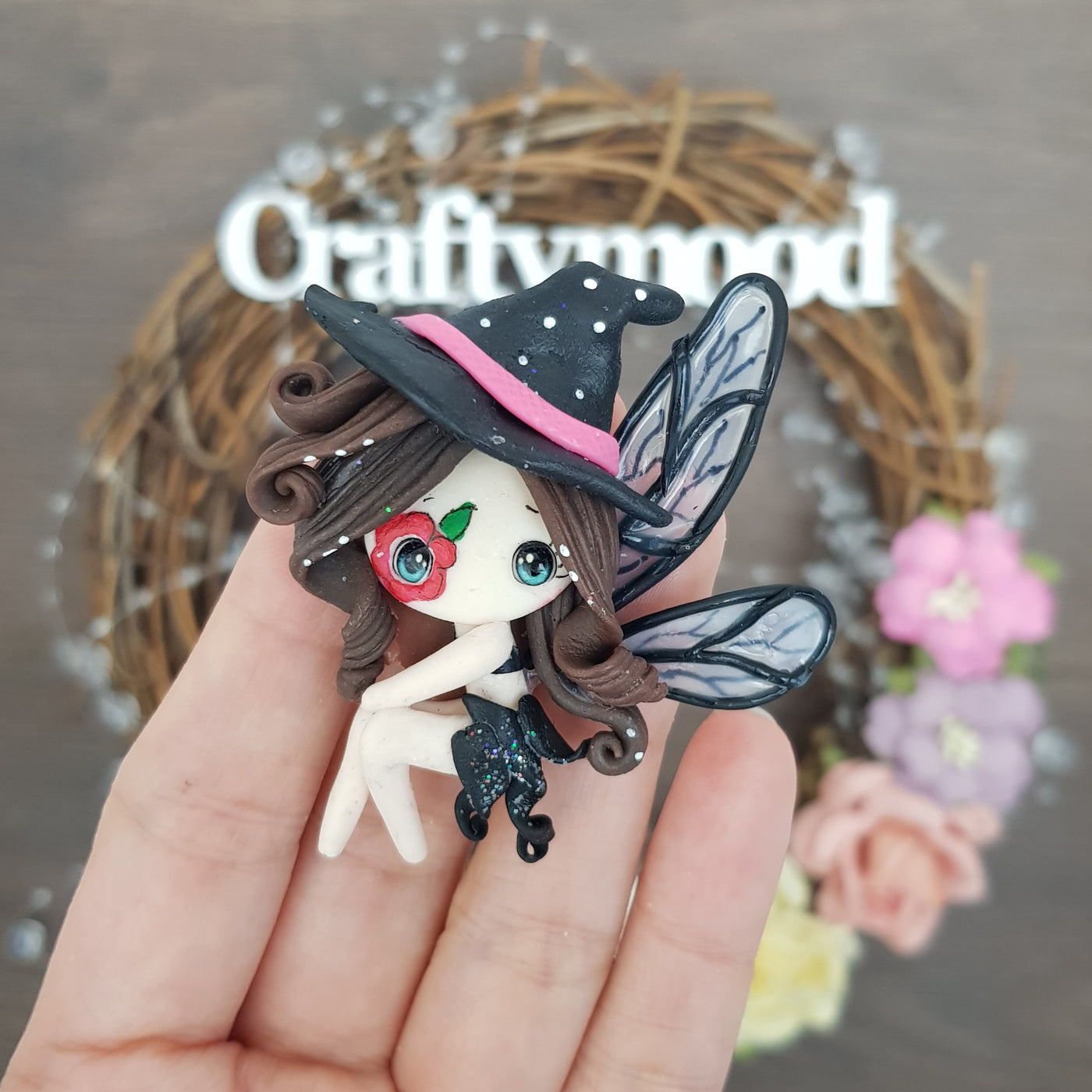 Halloween black butterfly fairy - Handmade Flatback Clay Bow Centre