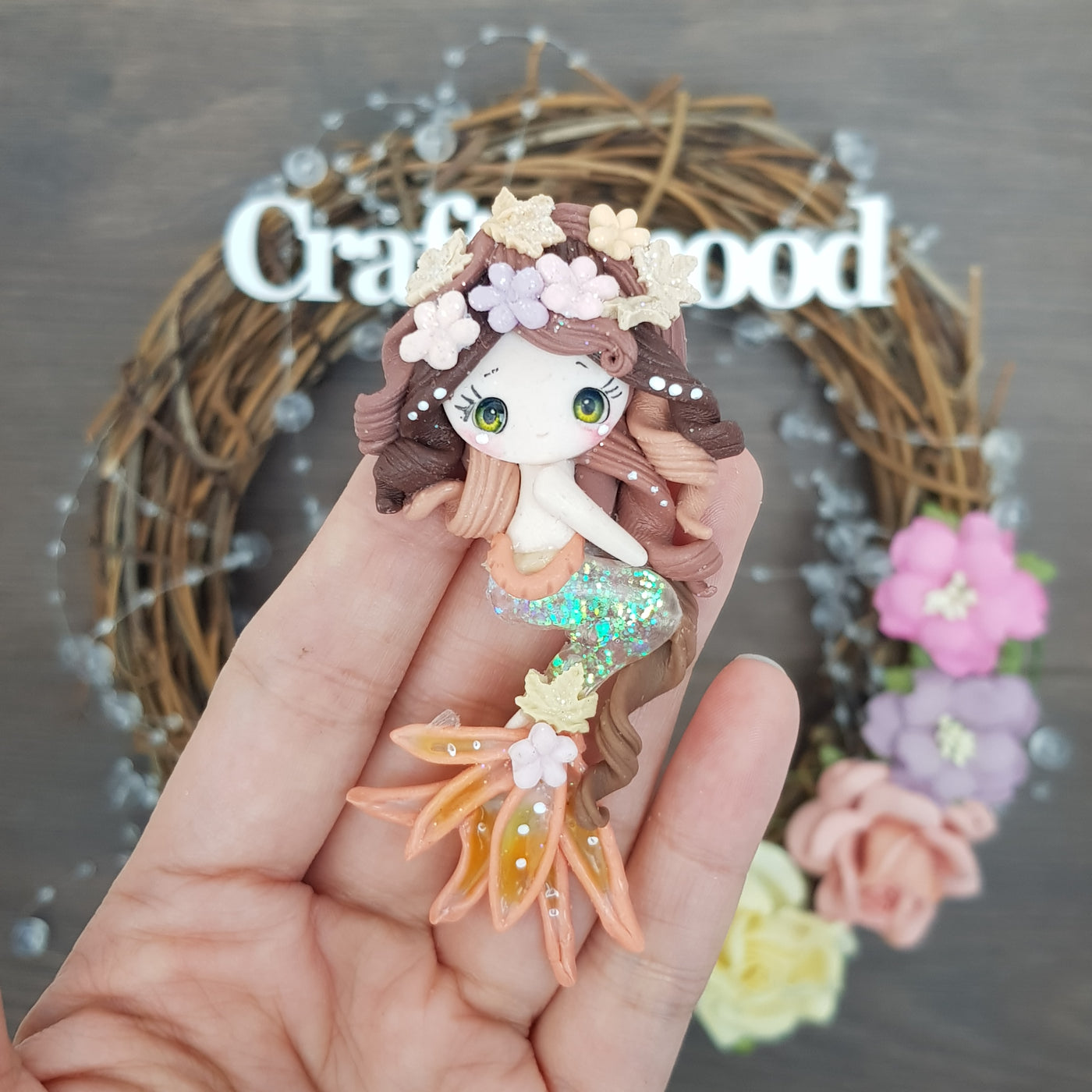 Autumn brown mermaid girl - Handmade Flatback Clay Bow Centre