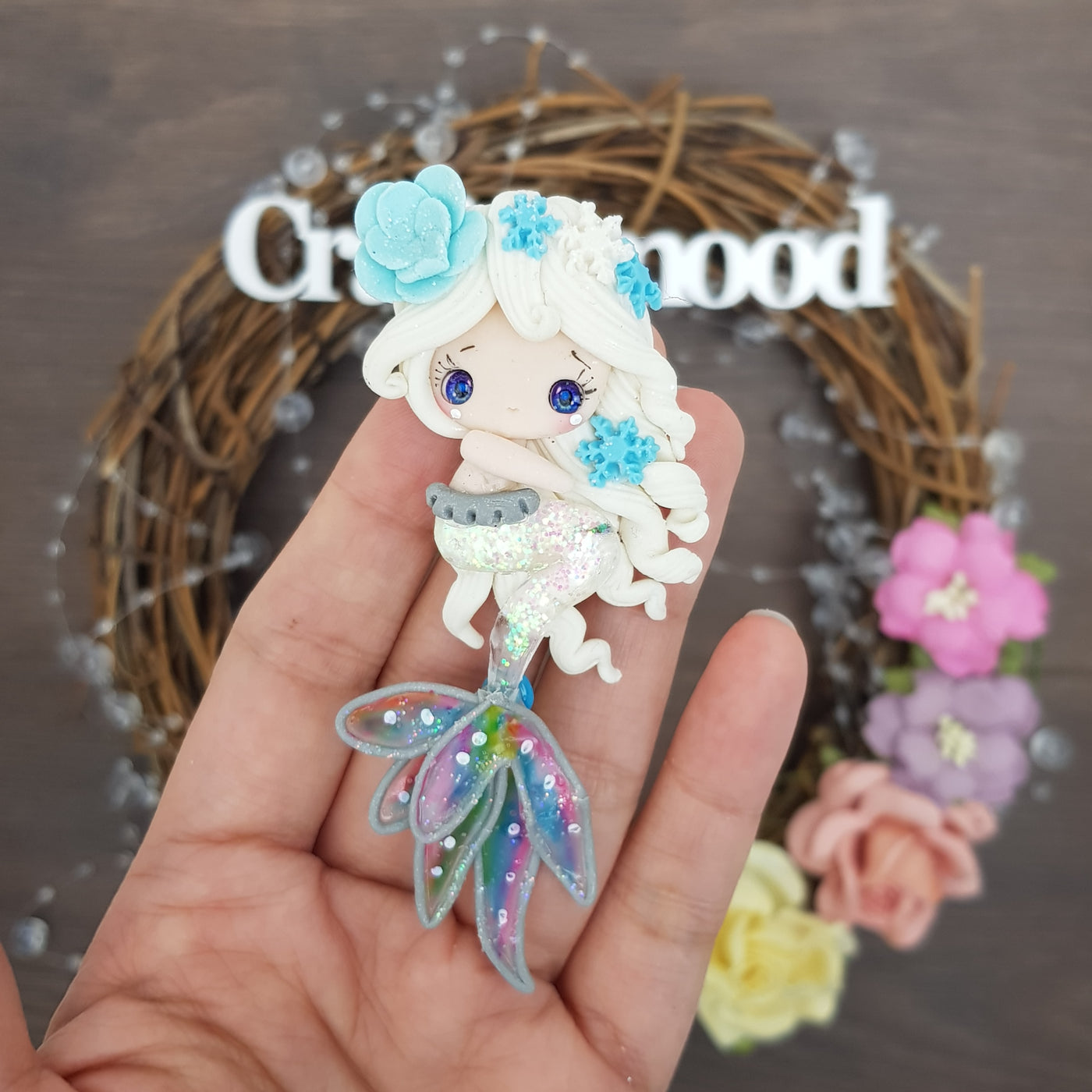 Winter white blue mermaid girl - Handmade Flatback Clay Bow Centre