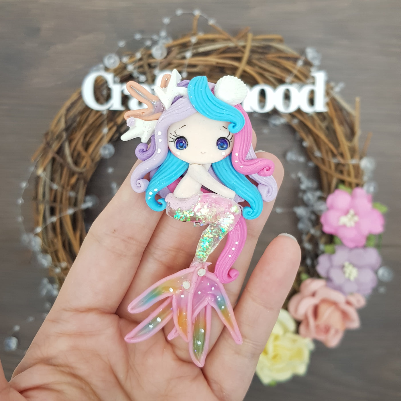 Coral mermaid girl - Embellishment Clay Bow Centre