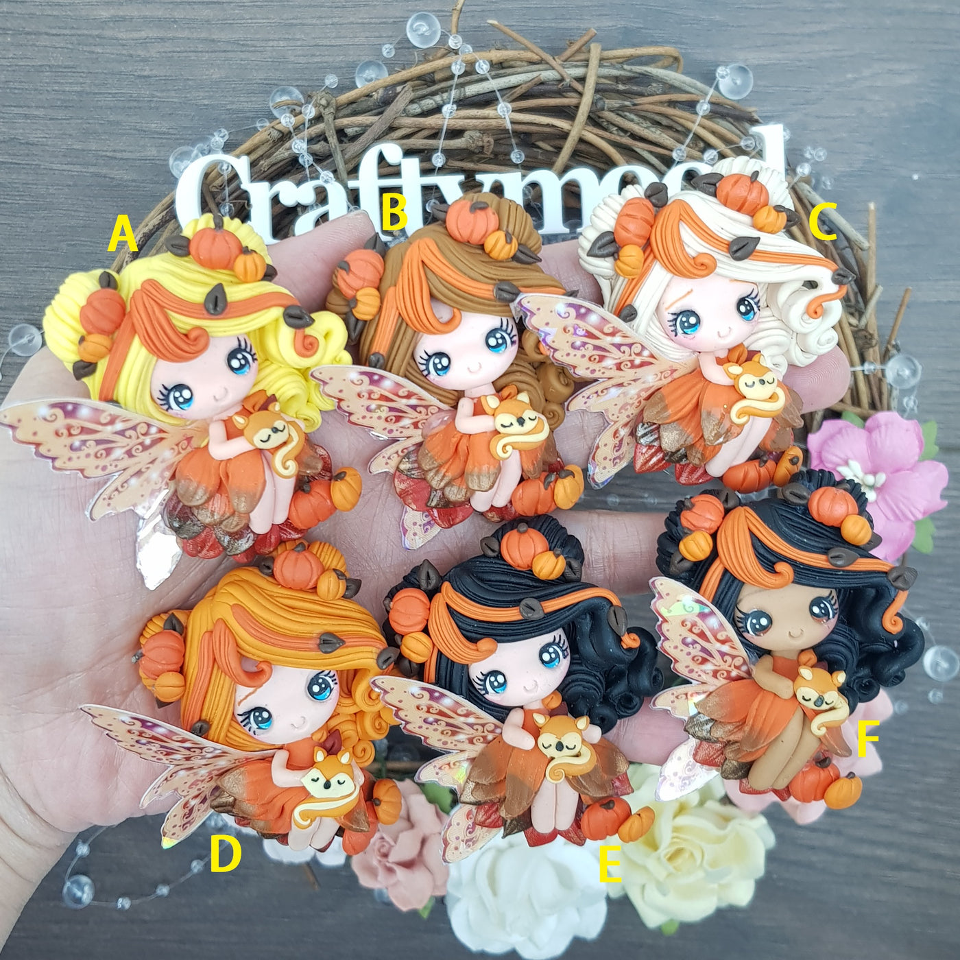 Autumn pumpkin fox fairy - Handmade Flatback Clay Bow Centre