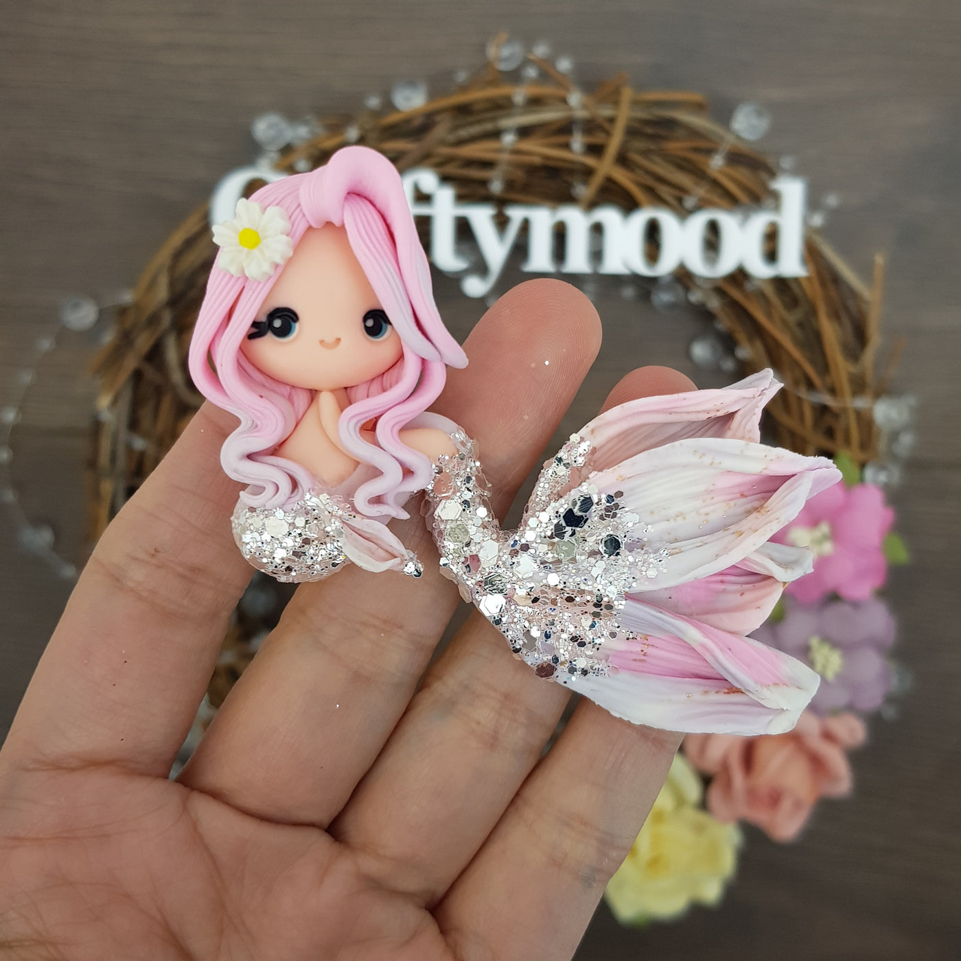 Beautiful mermaid soft pink silver glitter - Embellishment Clay Bow Centre