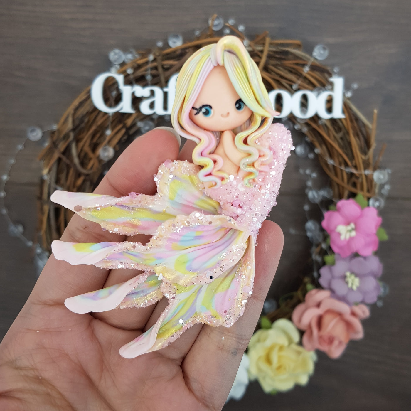 Beautiful mermaid raimbow pastel - Embellishment Clay Bow Centre