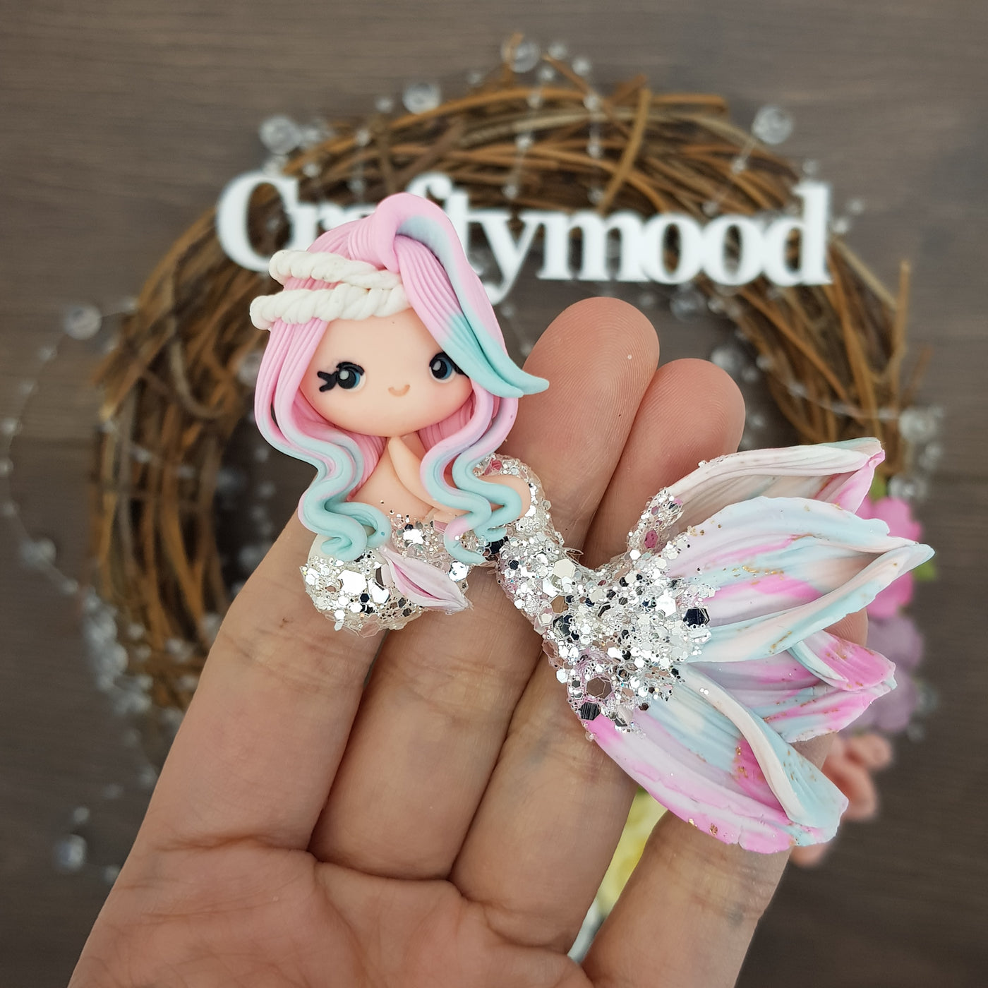 Beautiful mermaid white pink silver - Embellishment Clay Bow Centre