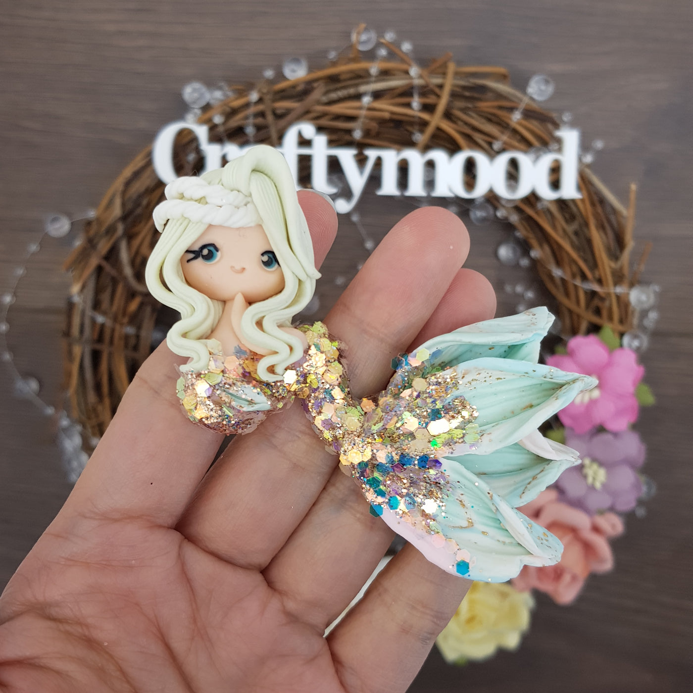 Beautiful mermaid white hair confetti tails -  Embellishment Clay Bow Centre
