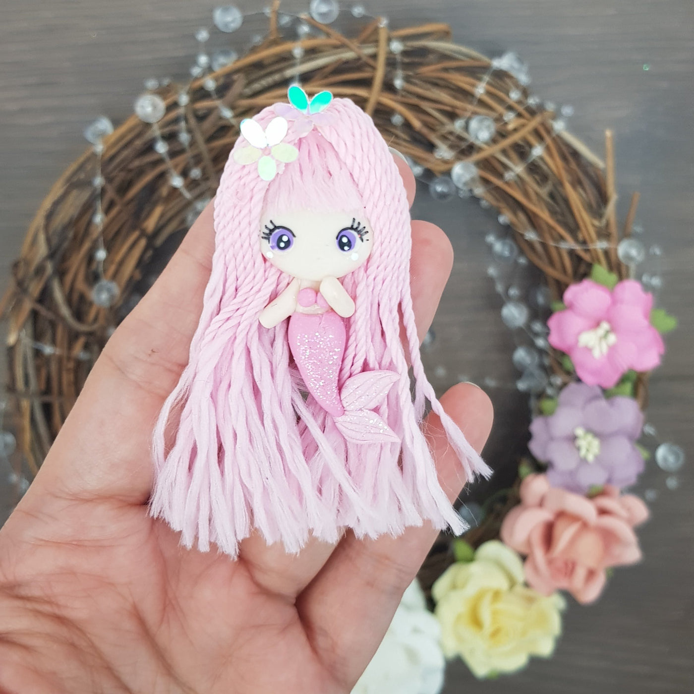 Pink mermaid with hair - Handmade Flatback Clay Bow Centre