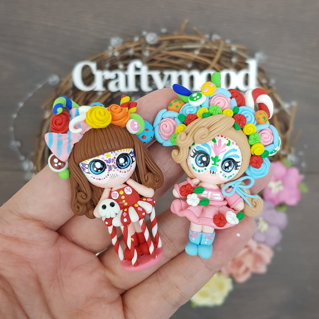 Festive candy skull sweets Halloween girl - Embellishment Clay Bow Centre