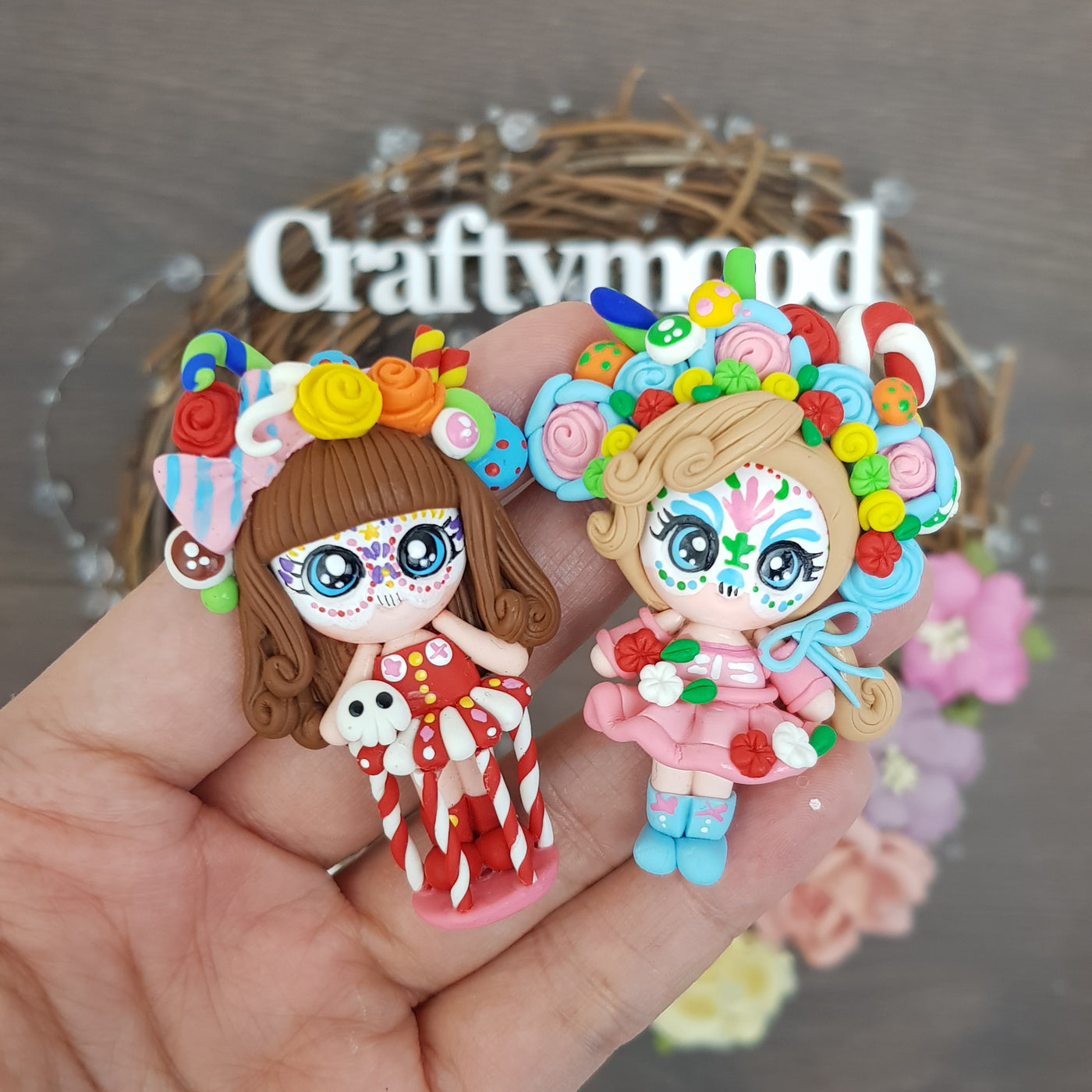 Festive candy skull sweets Halloween girl - Embellishment Clay Bow Centre