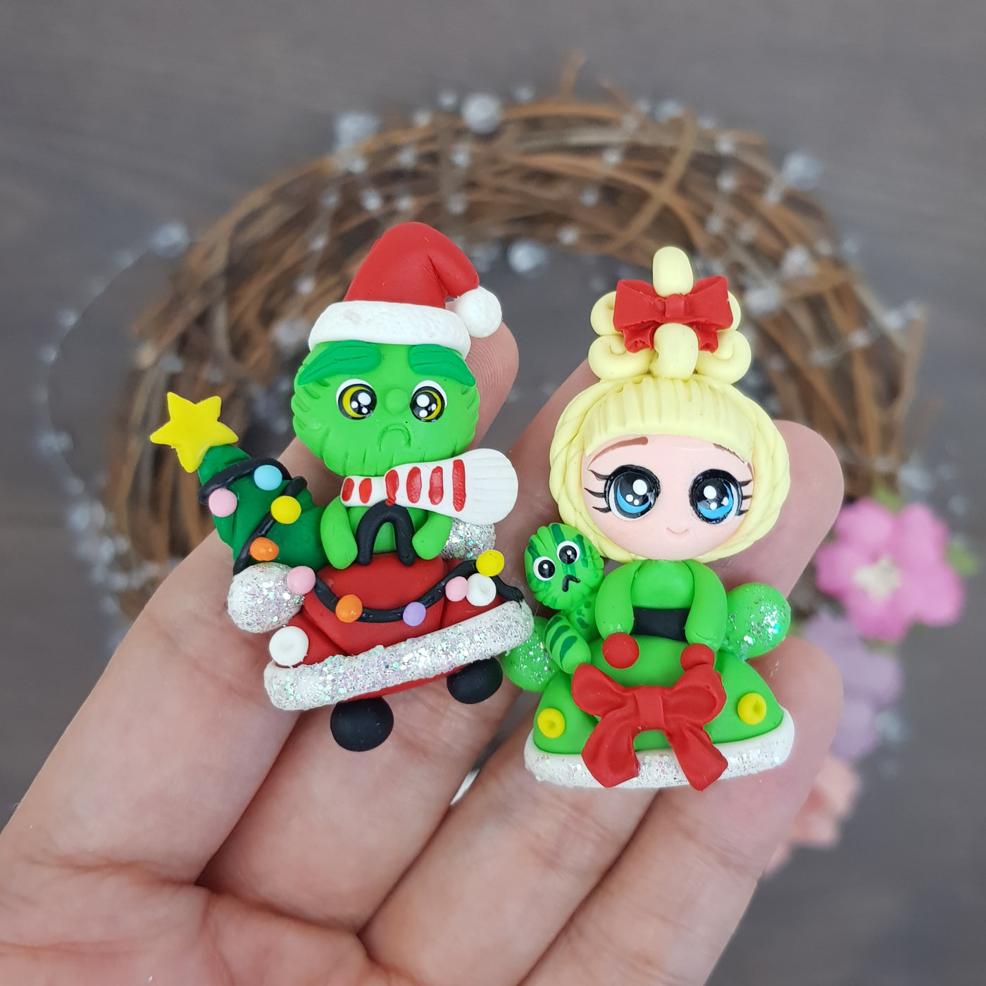 Christmas green monster and girl - Embellishment Clay Bow Centre