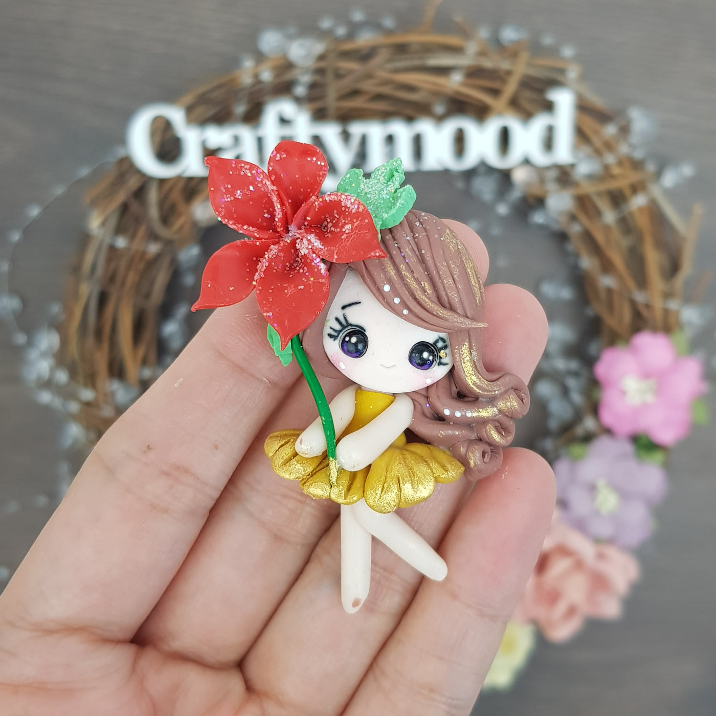 poinsettia thumbelina fairy - Embellishment Clay Bow Centre