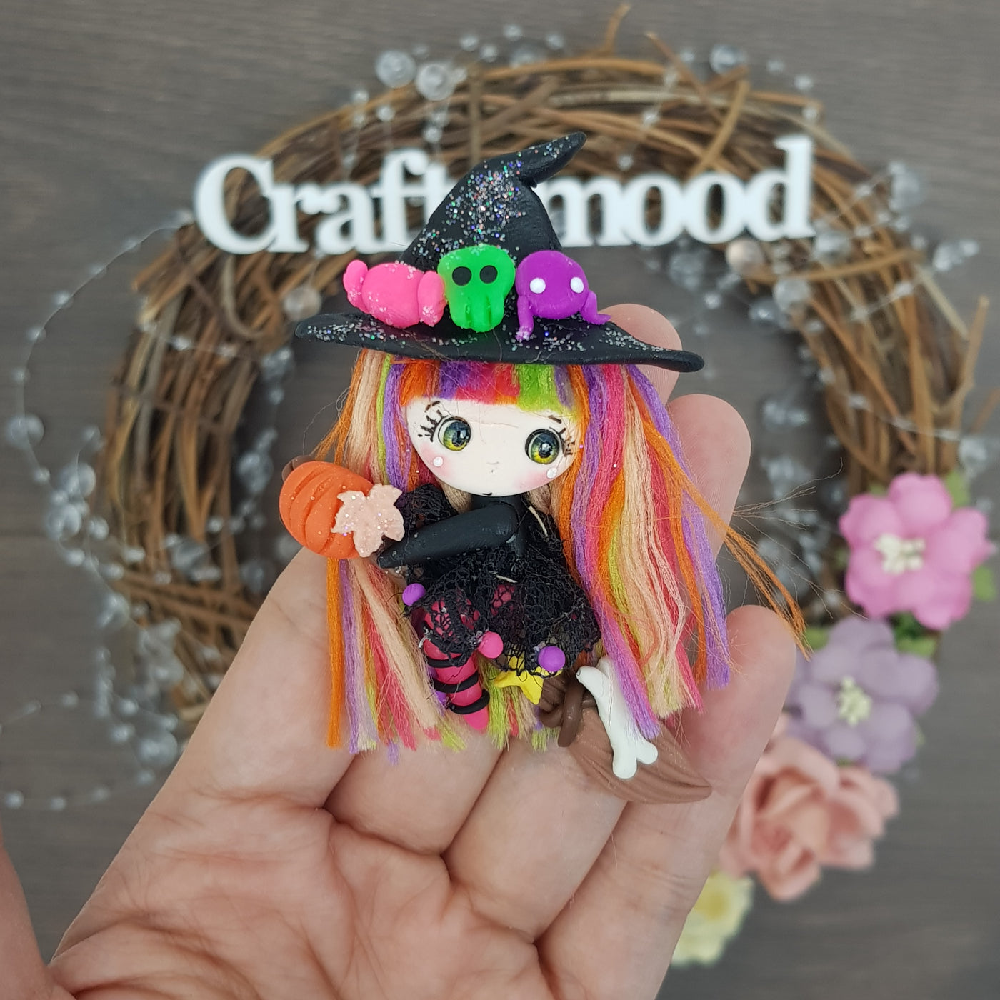 Cute rainbow mix hair witch - Embellishment Clay Bow Centre