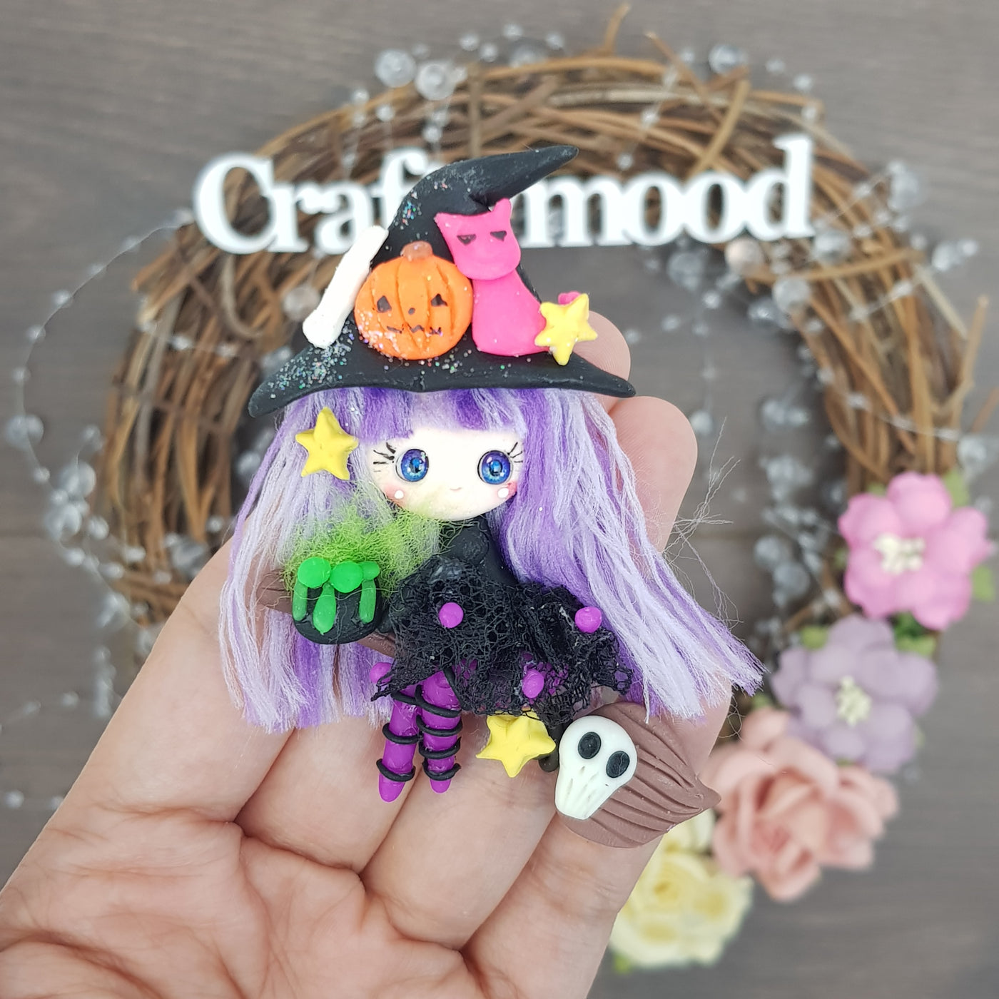 Cute lilac hair witch - Embellishment Clay Bow Centre