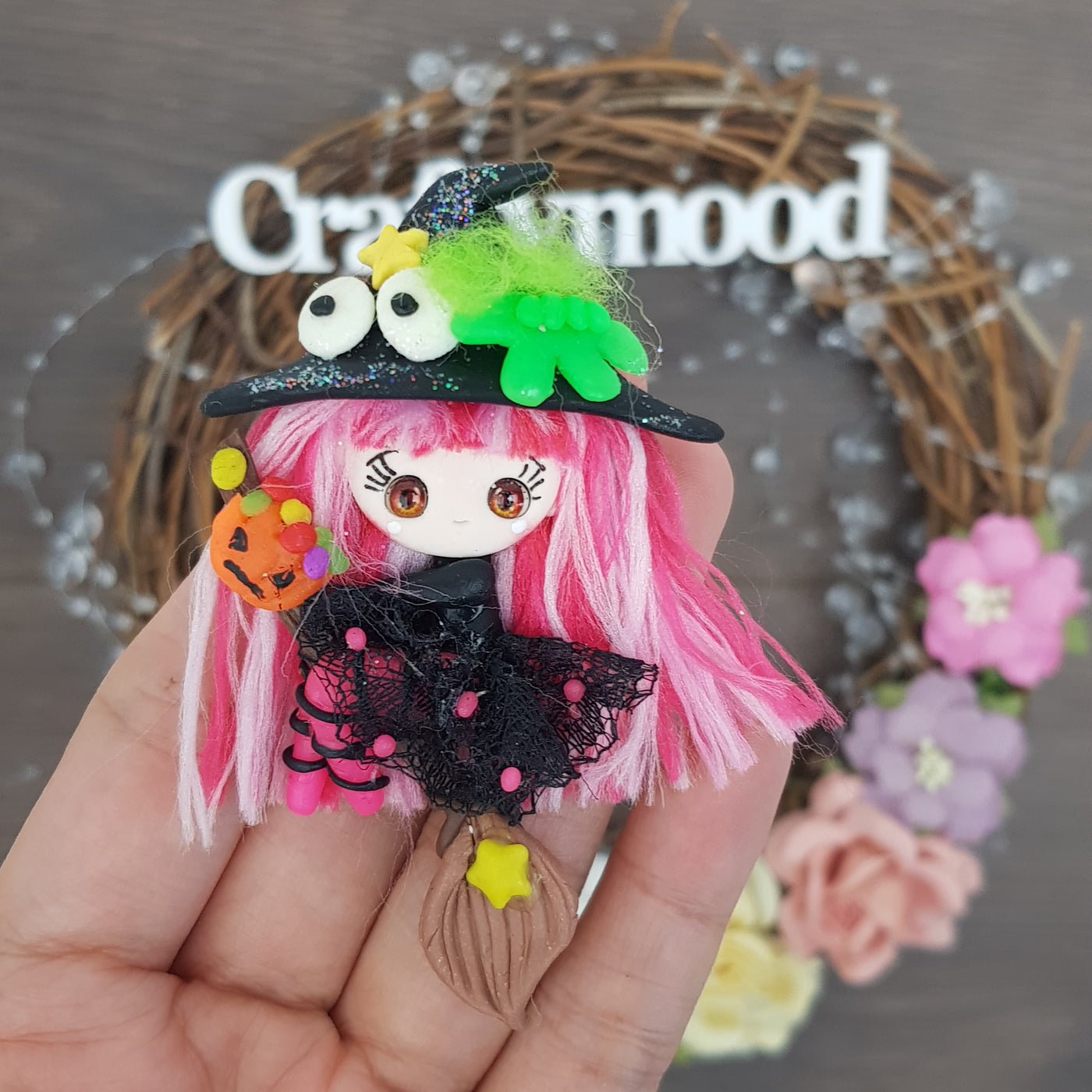 Cute pink hair witch - Embellishment Clay Bow Centre