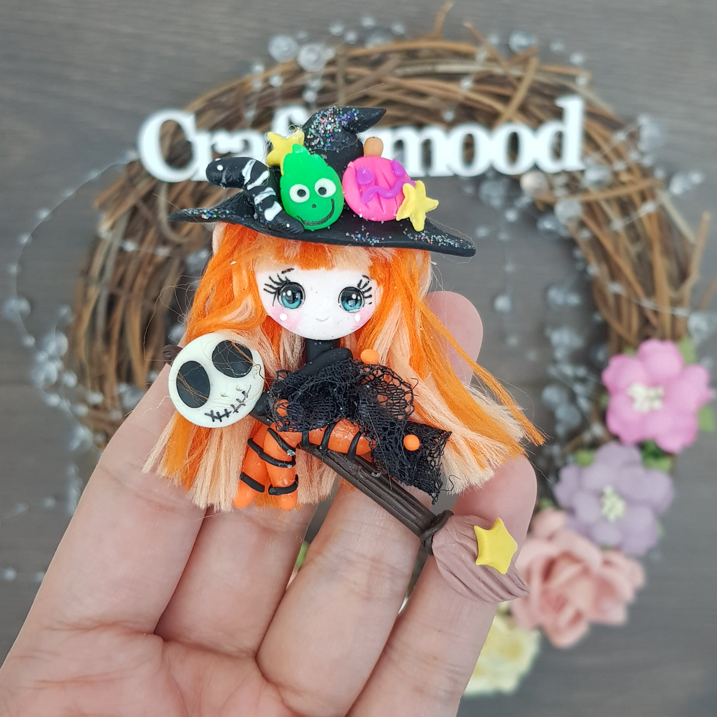 Cute orange hair witch - Embellishment Clay Bow Centre