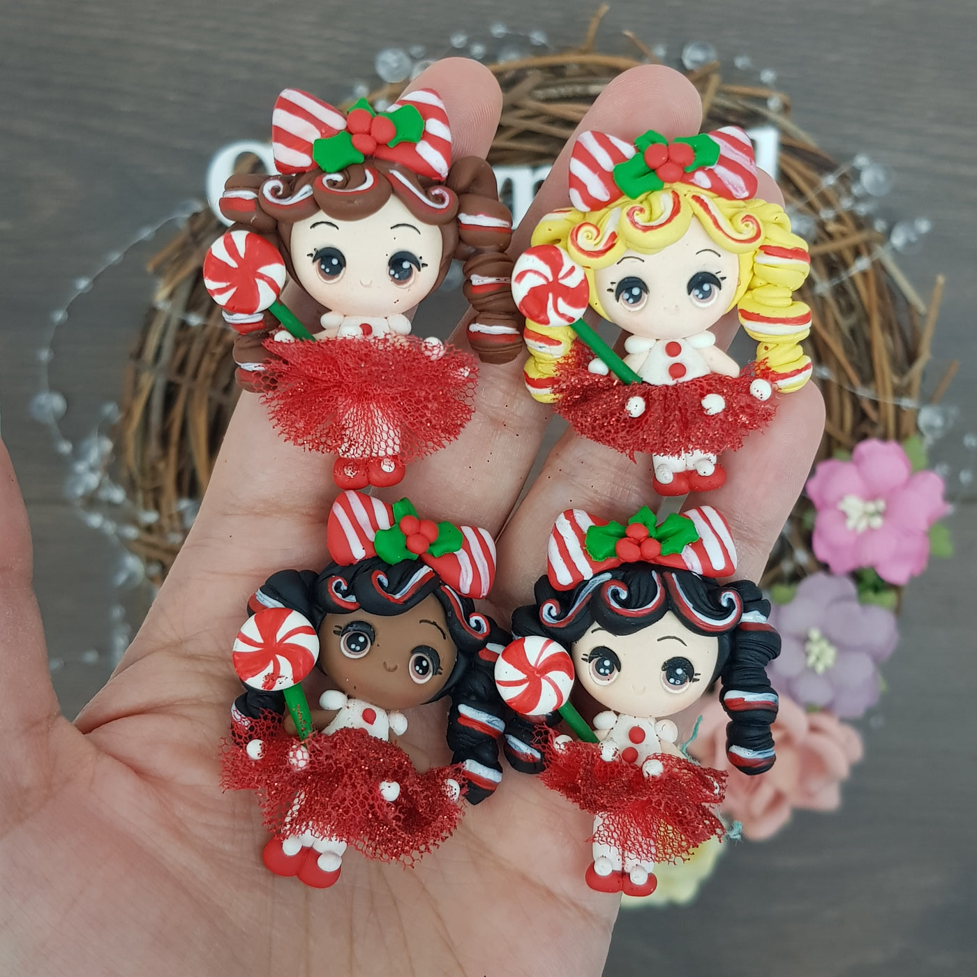 Christmas candy girl - Handmade Flatback Clay Bow Centre