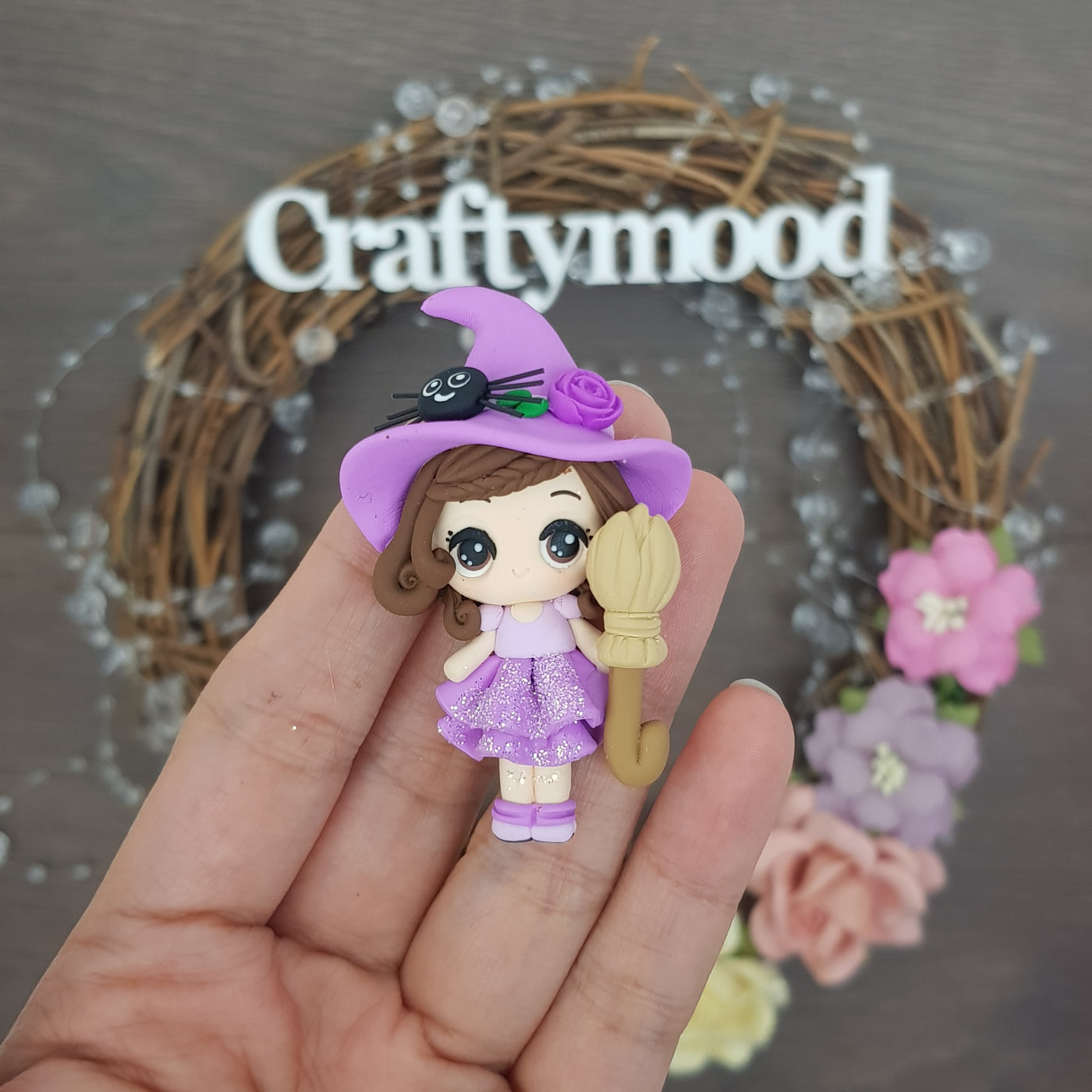 Purple hat witch - Handmade Flatback Clay Bow Centre