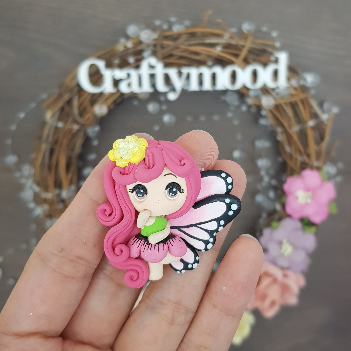 Pink Butterfly flower fairy - Embellishment Clay Bow Centre